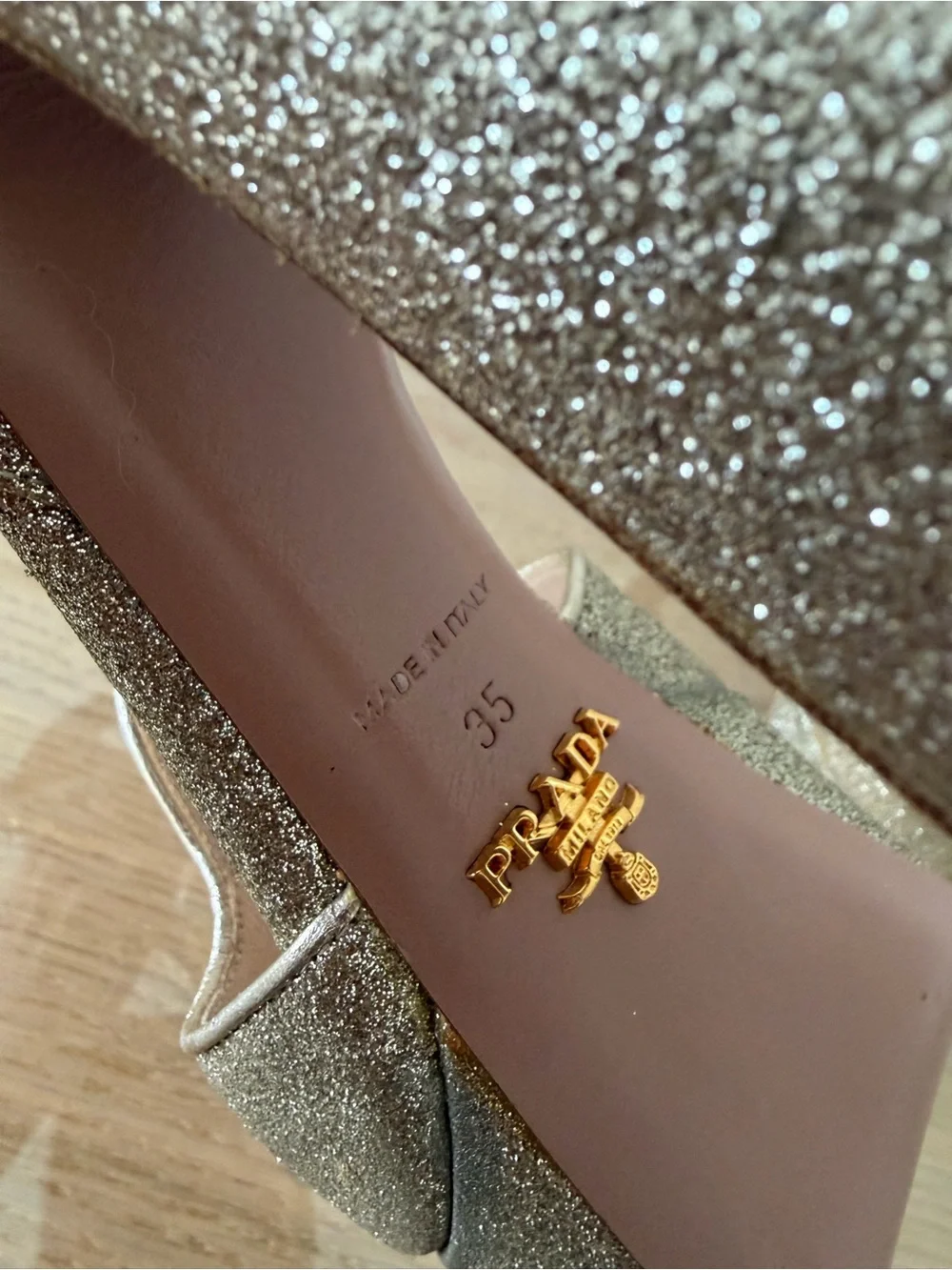 Prada Gold Glitter Platform Ankle-Strap Block Heel Sandals in Size 35